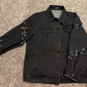 Black Denim Jacket with Silver Eyelet Details